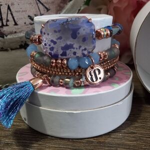 Elegant Blue and Gold Beaded Bracelet Set